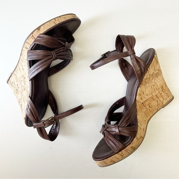 Aldo Brown Leather Wedge Sandals Cork Heel Ankle Strap Size 38 - Picture 14 of 16
